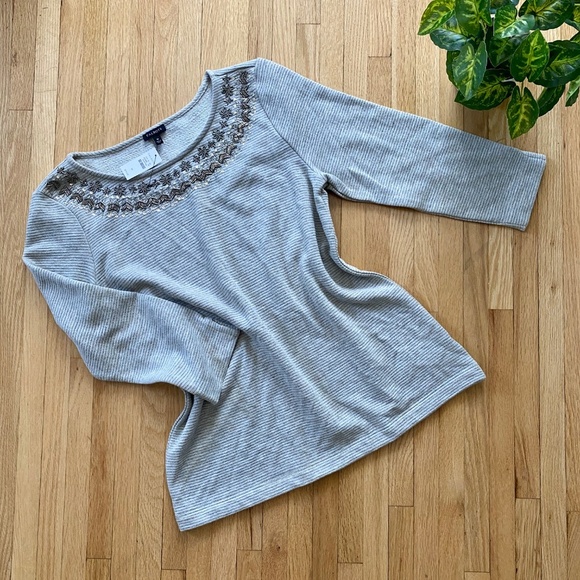 NWT Talbots Embellished Crewneck Fair Isle Gray Pinstripe 3/4 Sleeve Top Size M - Picture 6 of 8